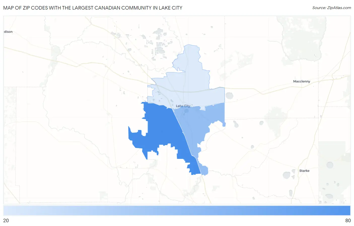 Zip Codes with the Largest Canadian Community in Lake City Map