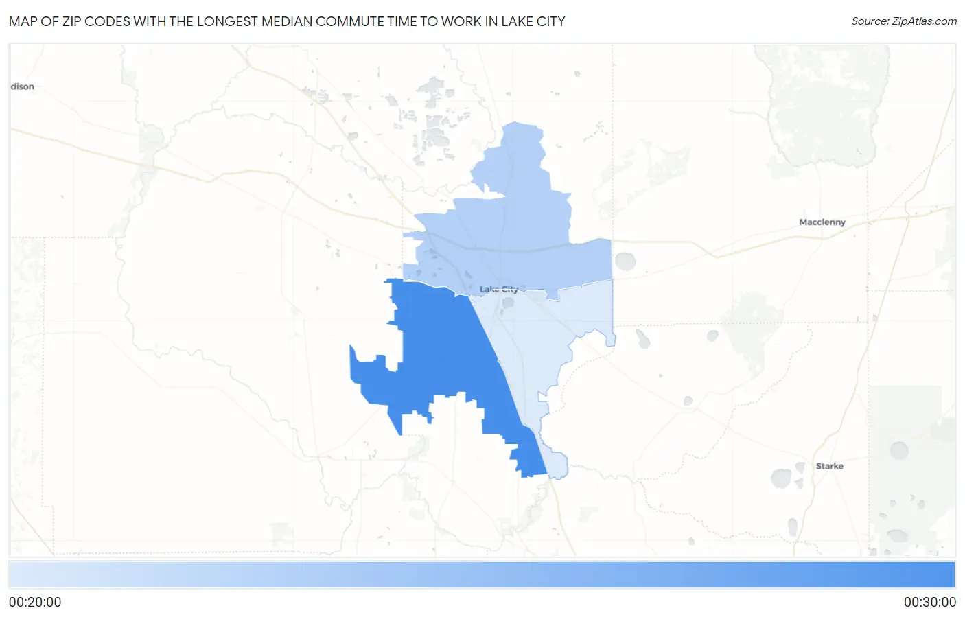 Zip Codes with the Longest Median Commute Time to Work in Lake City Map