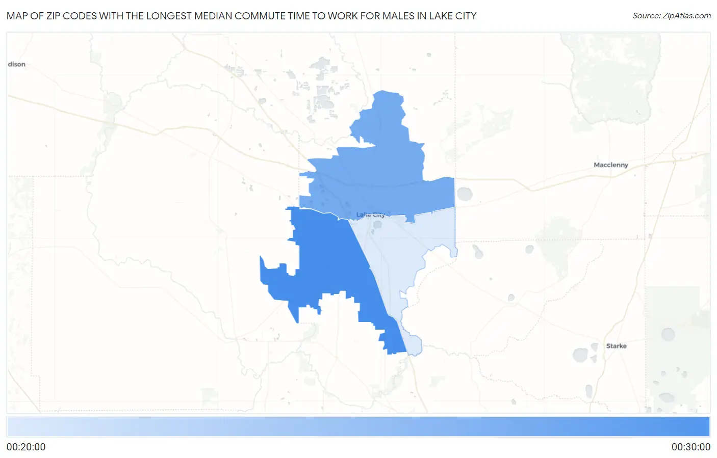 Zip Codes with the Longest Median Commute Time to Work for Males in Lake City Map