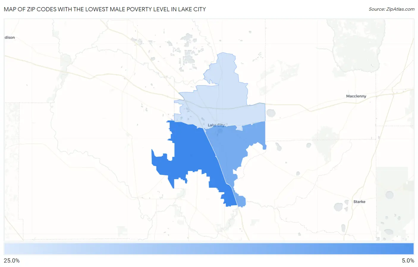 Zip Codes with the Lowest Male Poverty Level in Lake City Map