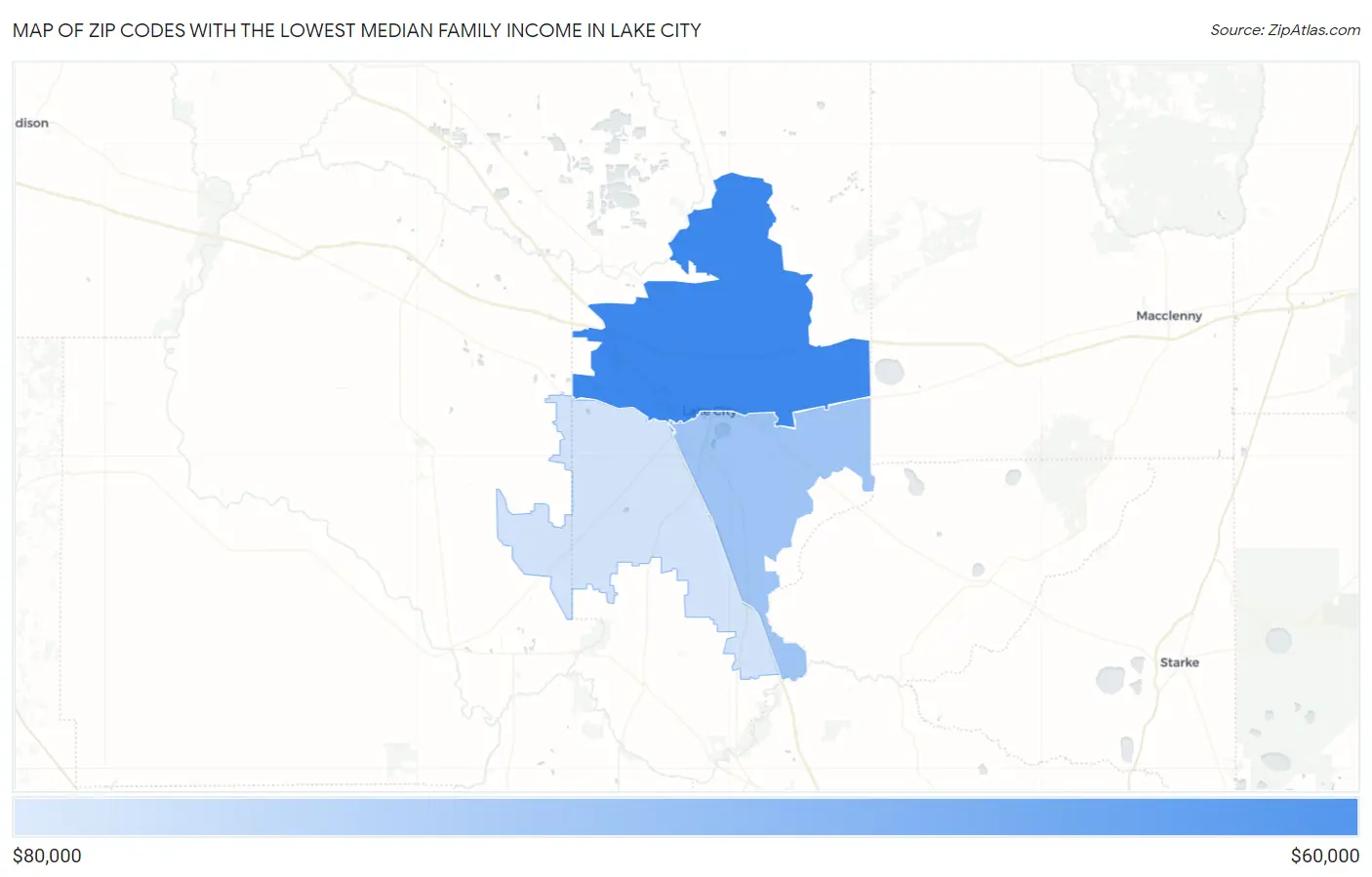 Zip Codes with the Lowest Median Family Income in Lake City Map