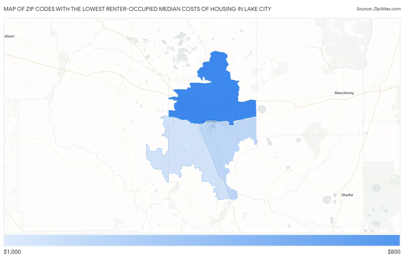Zip Codes with the Lowest Renter-Occupied Median Costs of Housing in Lake City Map