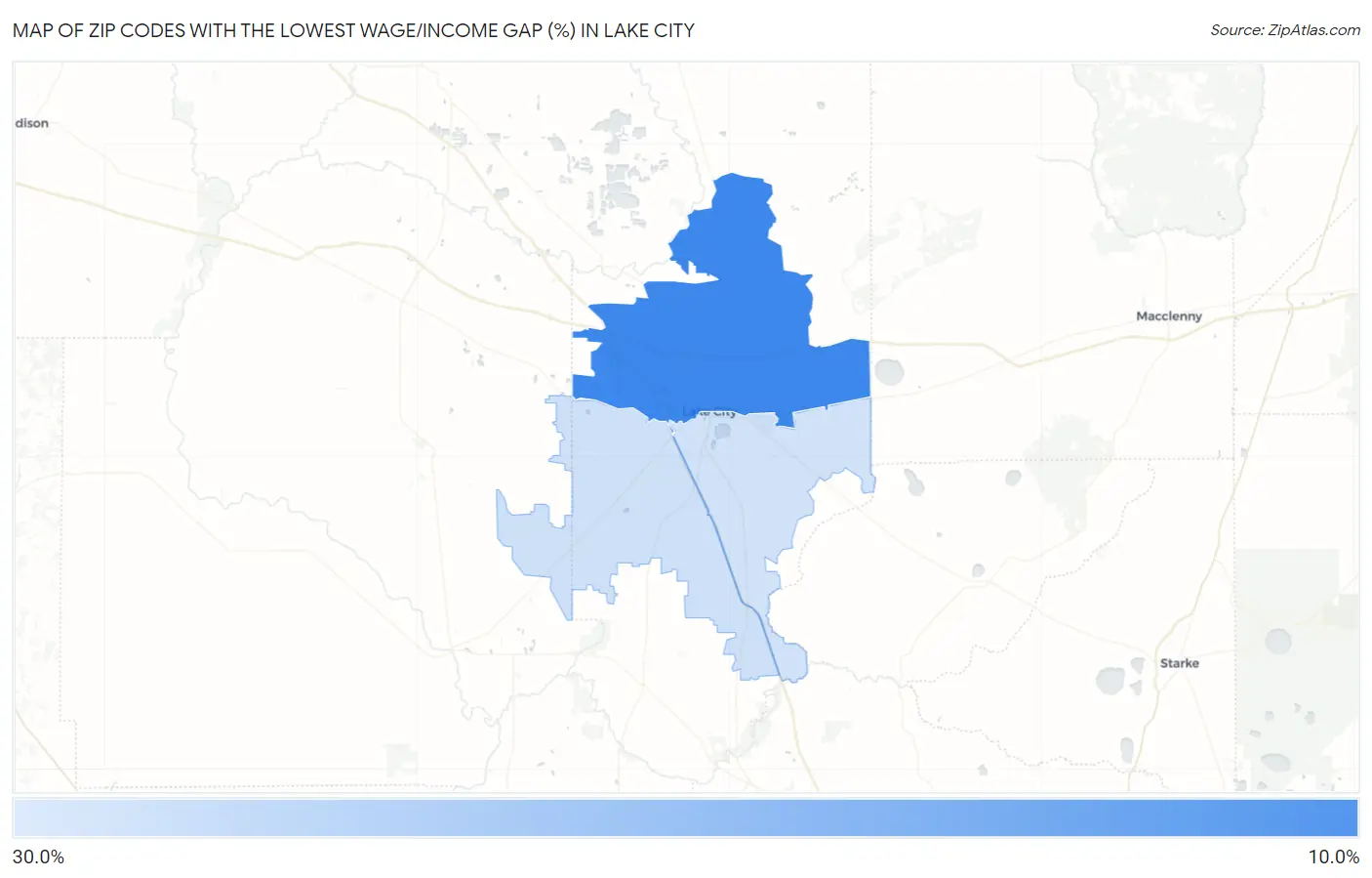 Zip Codes with the Lowest Wage/Income Gap (%) in Lake City Map