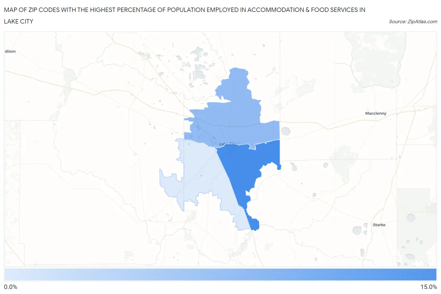 Zip Codes with the Highest Percentage of Population Employed in Accommodation & Food Services in Lake City Map