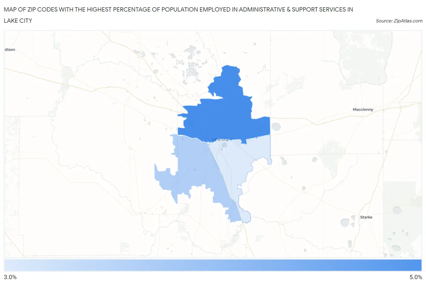 Zip Codes with the Highest Percentage of Population Employed in Administrative & Support Services in Lake City Map