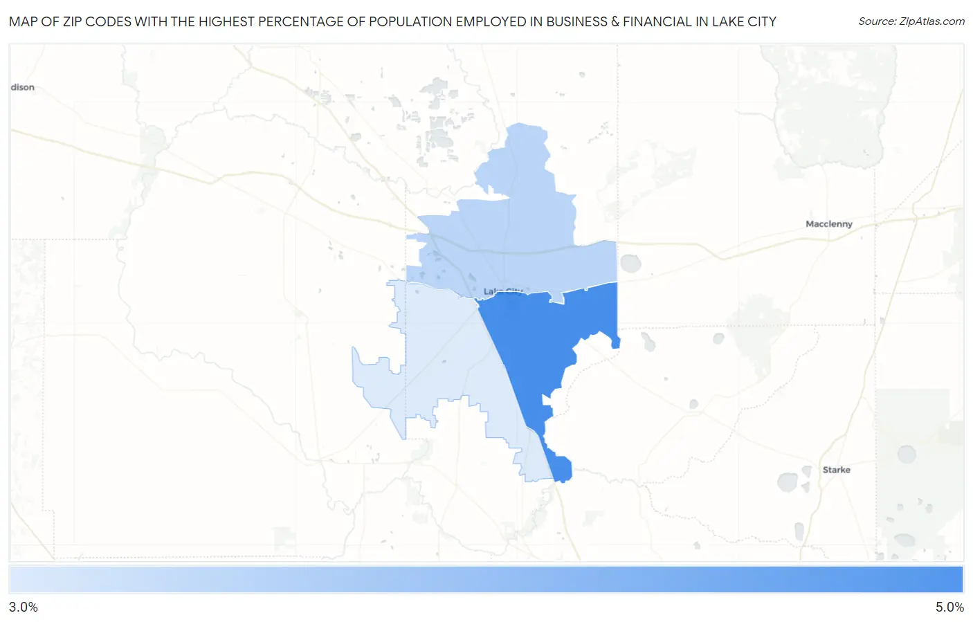 Zip Codes with the Highest Percentage of Population Employed in Business & Financial in Lake City Map