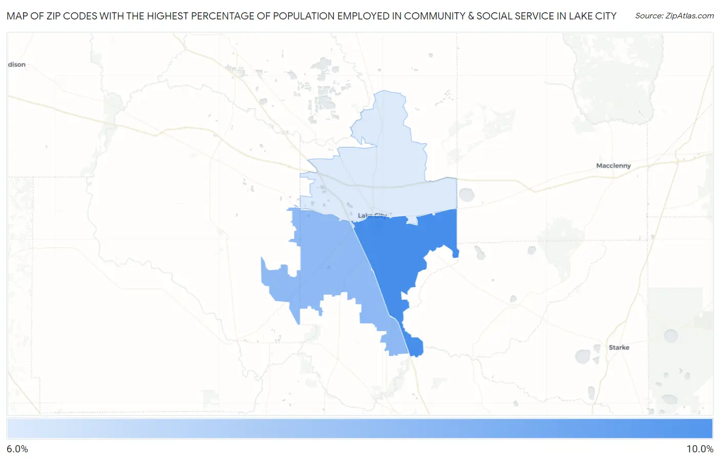 Zip Codes with the Highest Percentage of Population Employed in Community & Social Service  in Lake City Map