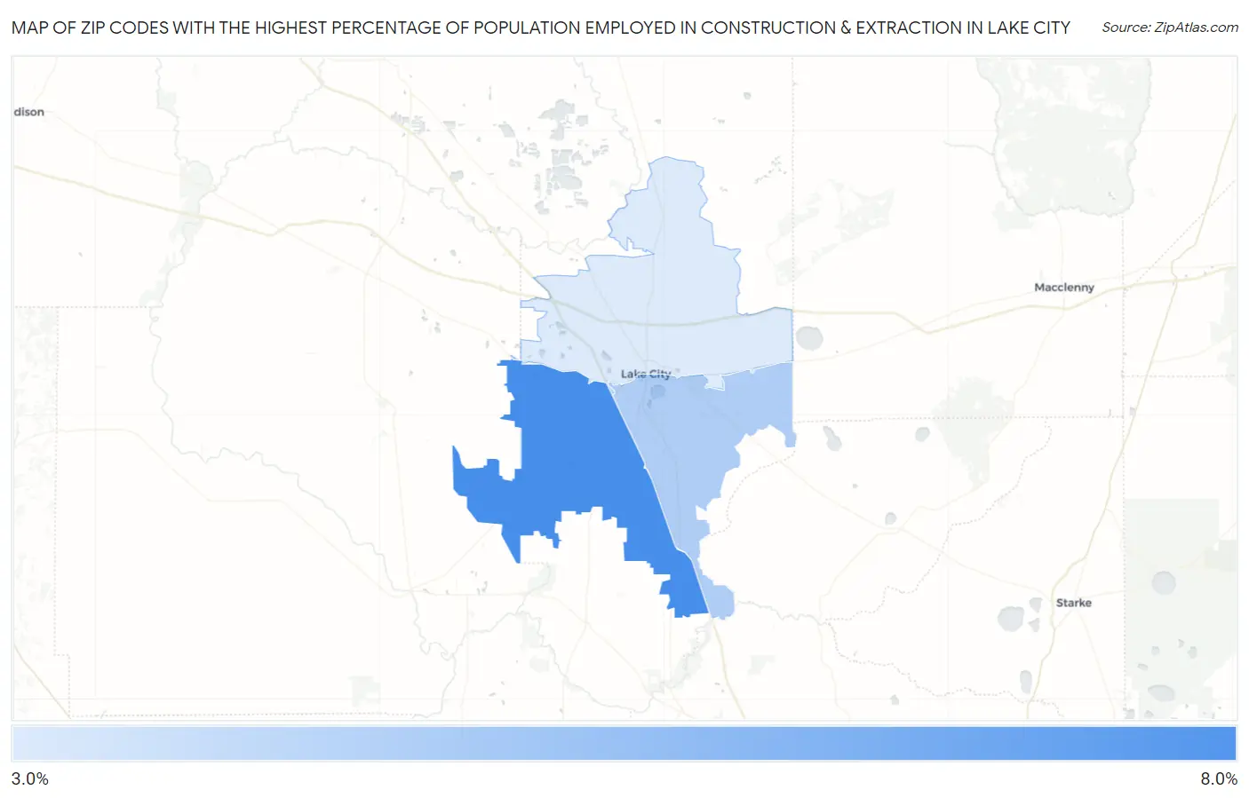 Zip Codes with the Highest Percentage of Population Employed in Construction & Extraction in Lake City Map