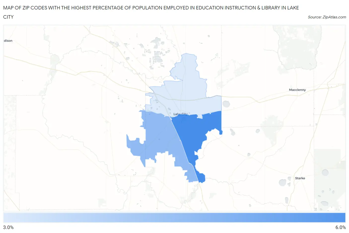 Zip Codes with the Highest Percentage of Population Employed in Education Instruction & Library in Lake City Map