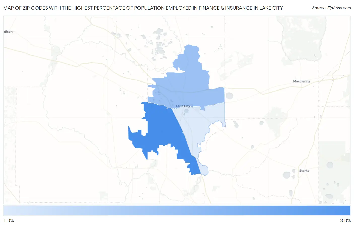 Zip Codes with the Highest Percentage of Population Employed in Finance & Insurance in Lake City Map