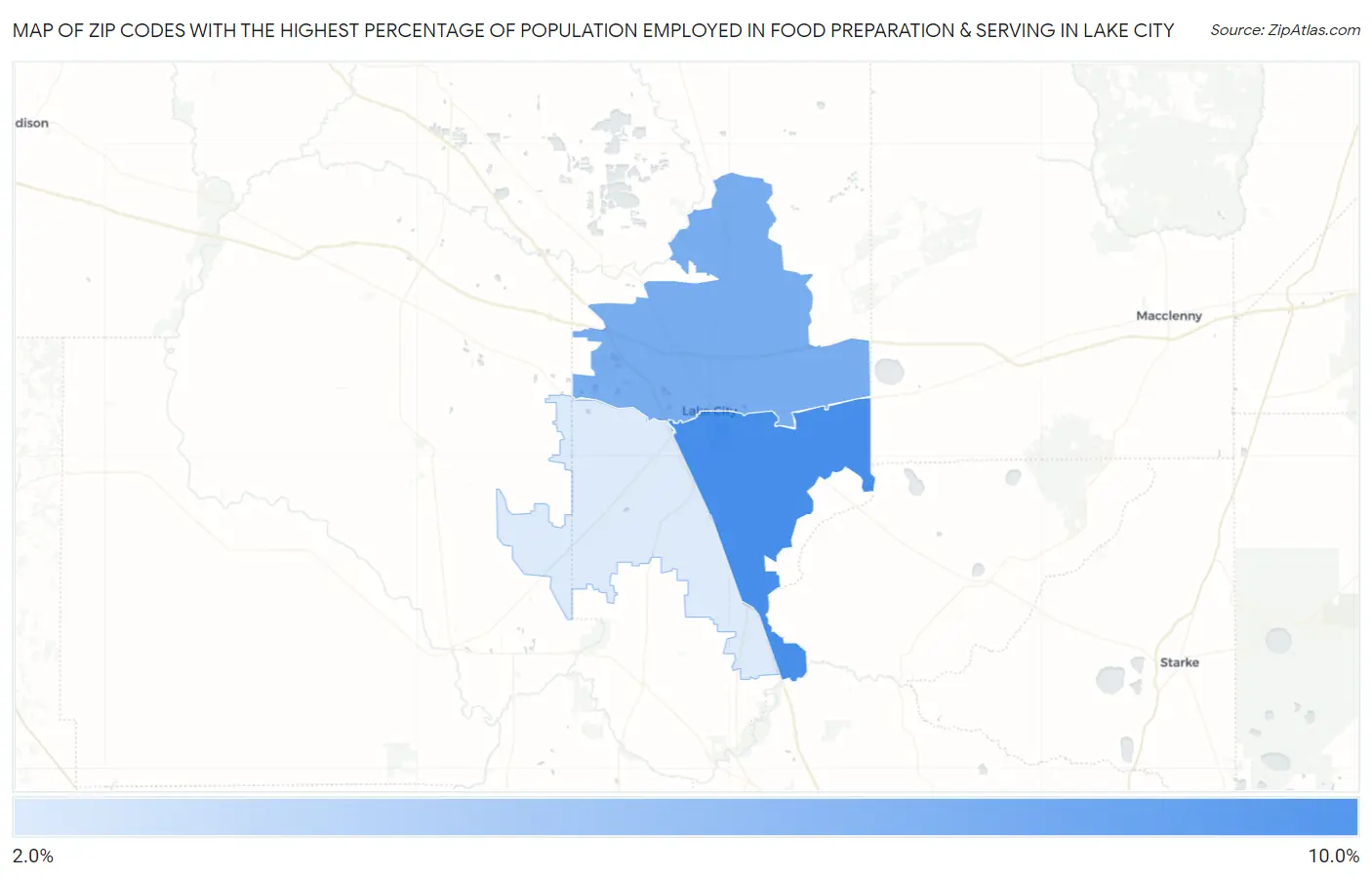Zip Codes with the Highest Percentage of Population Employed in Food Preparation & Serving in Lake City Map