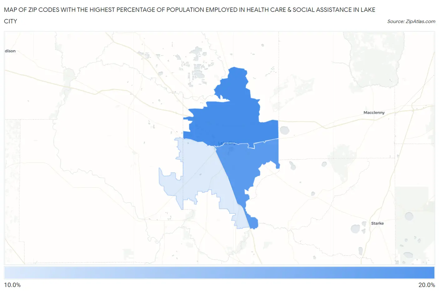 Zip Codes with the Highest Percentage of Population Employed in Health Care & Social Assistance in Lake City Map