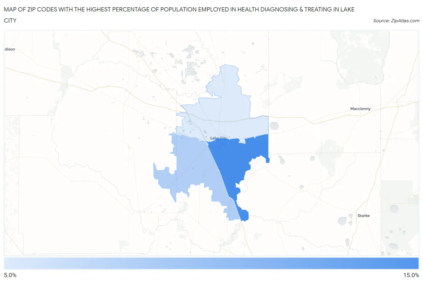 Zip Codes with the Highest Percentage of Population Employed in Health Diagnosing & Treating in Lake City Map