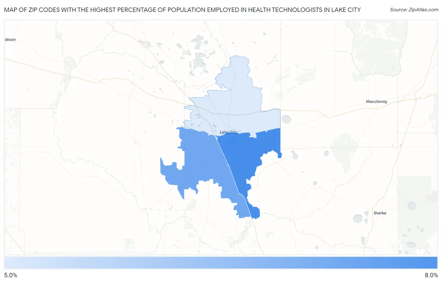 Zip Codes with the Highest Percentage of Population Employed in Health Technologists in Lake City Map
