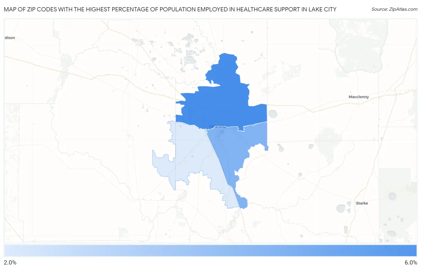 Zip Codes with the Highest Percentage of Population Employed in Healthcare Support in Lake City Map