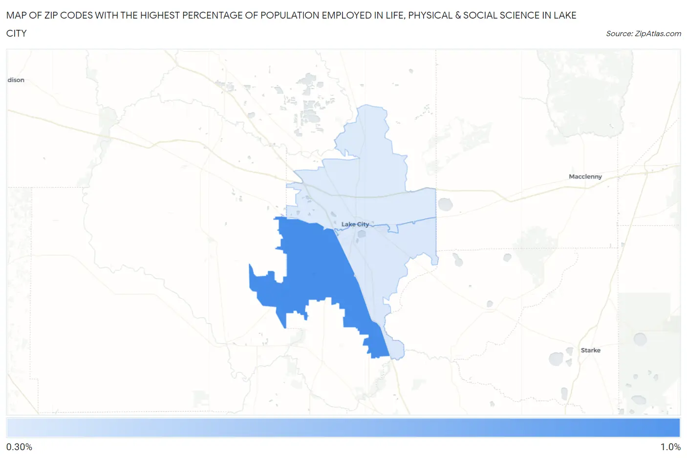 Zip Codes with the Highest Percentage of Population Employed in Life, Physical & Social Science in Lake City Map
