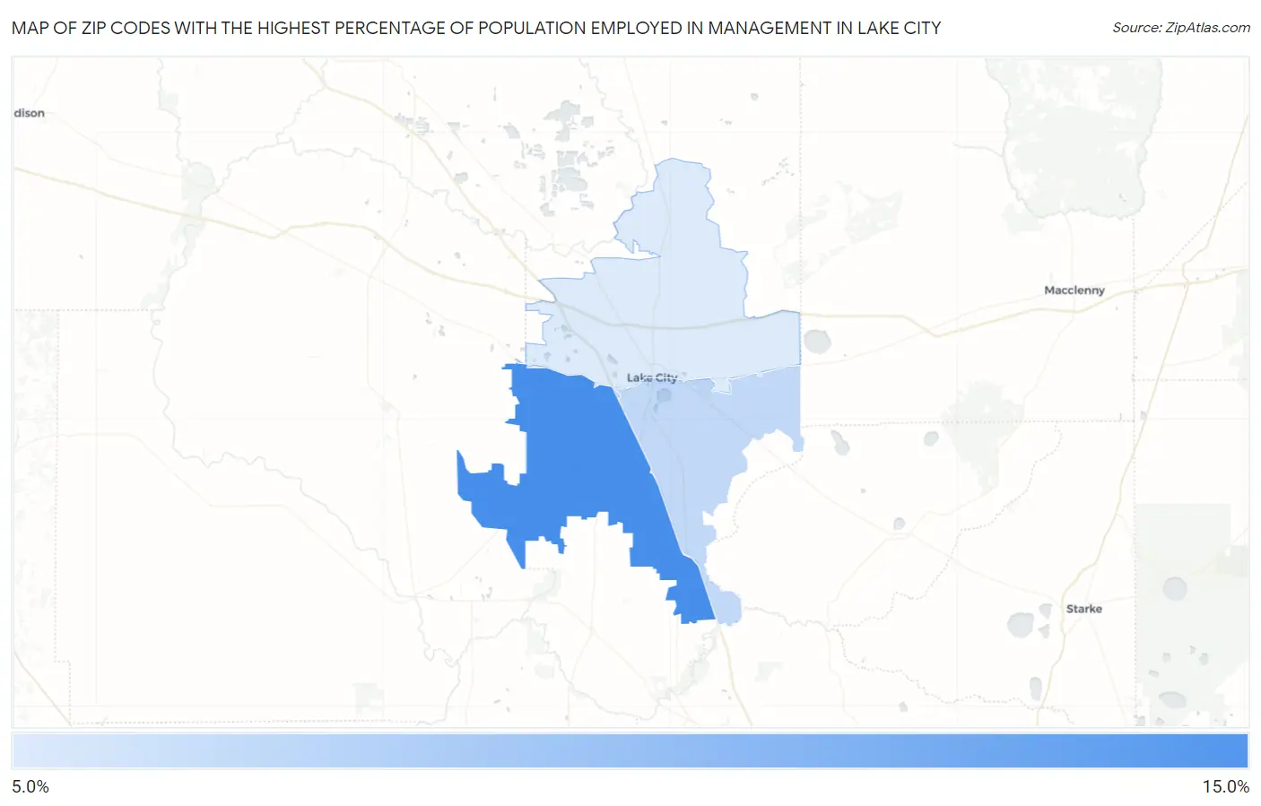 Zip Codes with the Highest Percentage of Population Employed in Management in Lake City Map