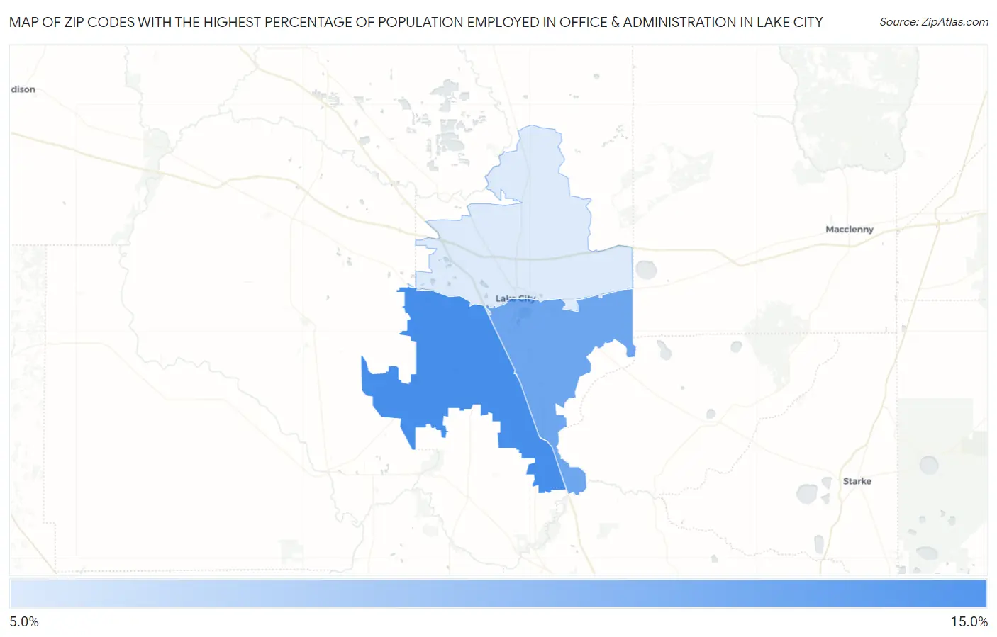 Zip Codes with the Highest Percentage of Population Employed in Office & Administration in Lake City Map