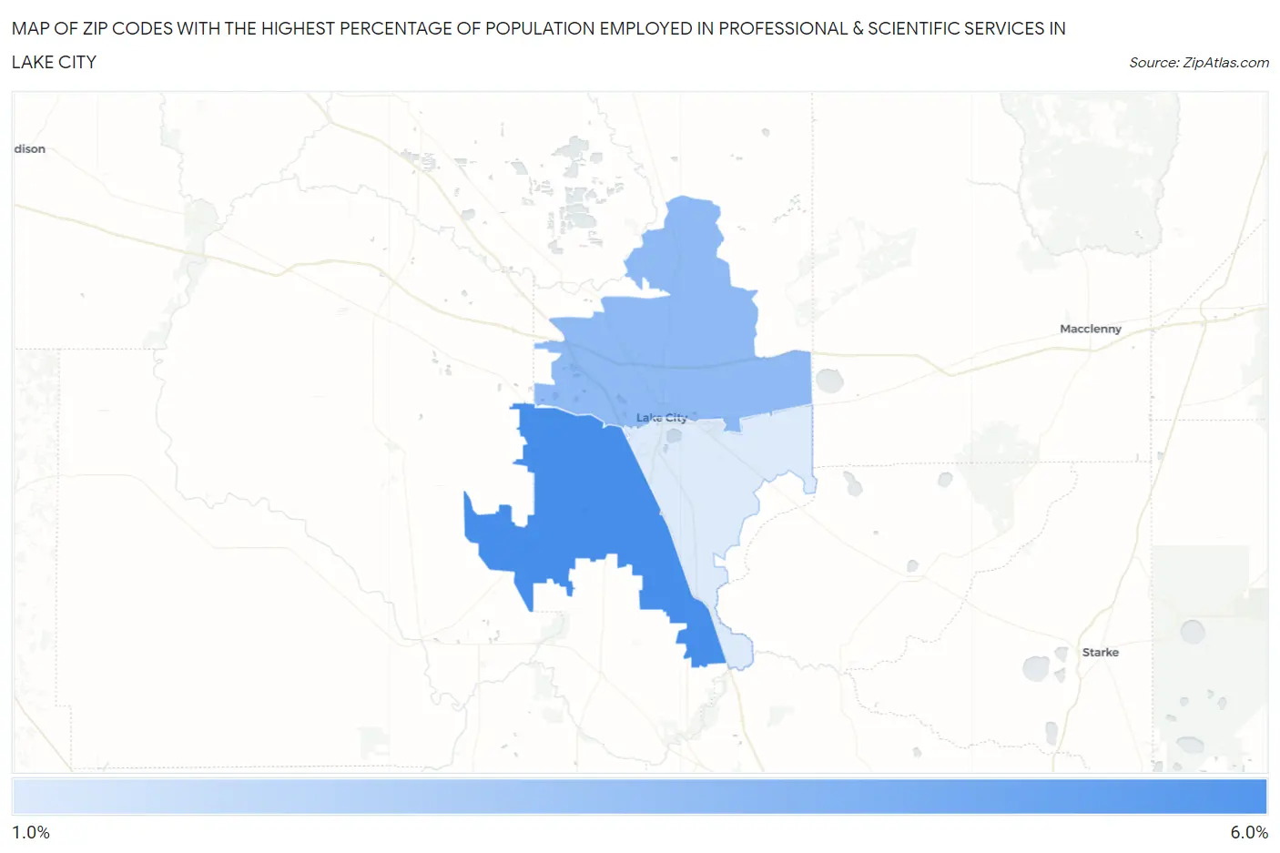 Zip Codes with the Highest Percentage of Population Employed in Professional & Scientific Services in Lake City Map