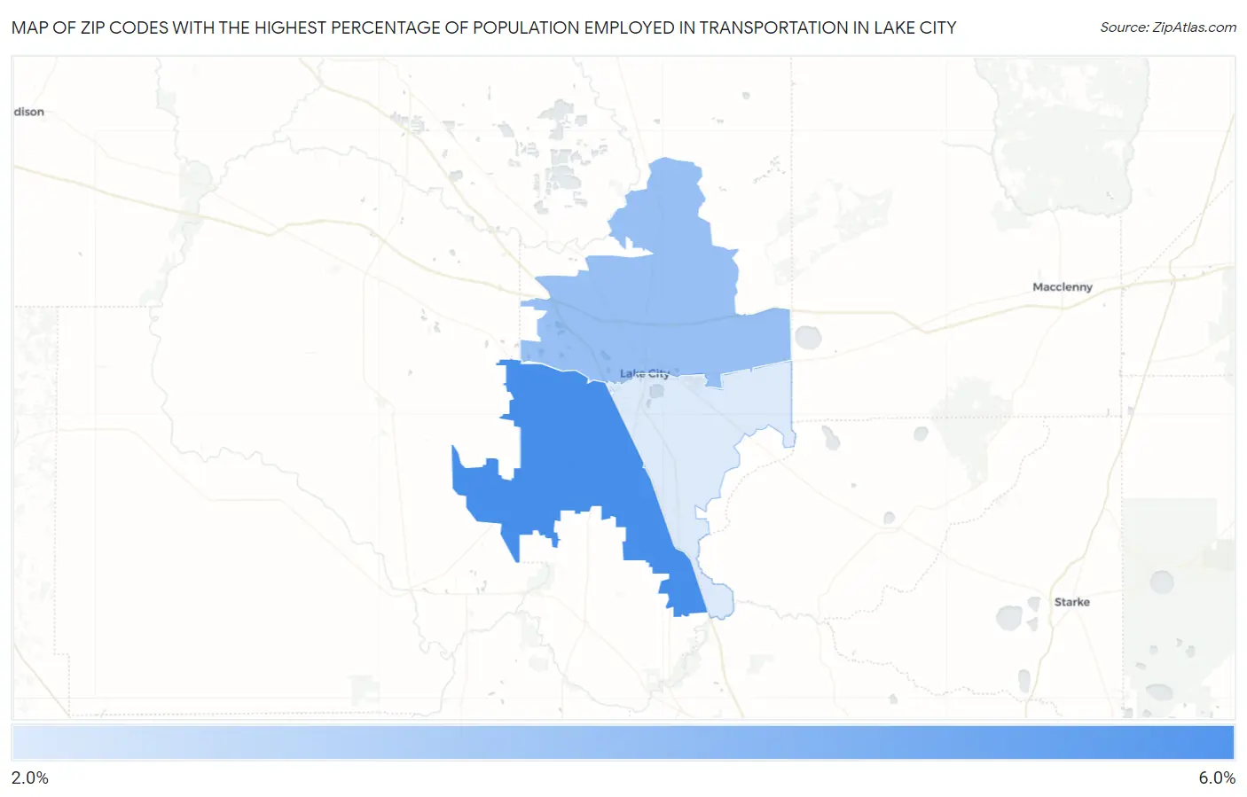 Zip Codes with the Highest Percentage of Population Employed in Transportation in Lake City Map
