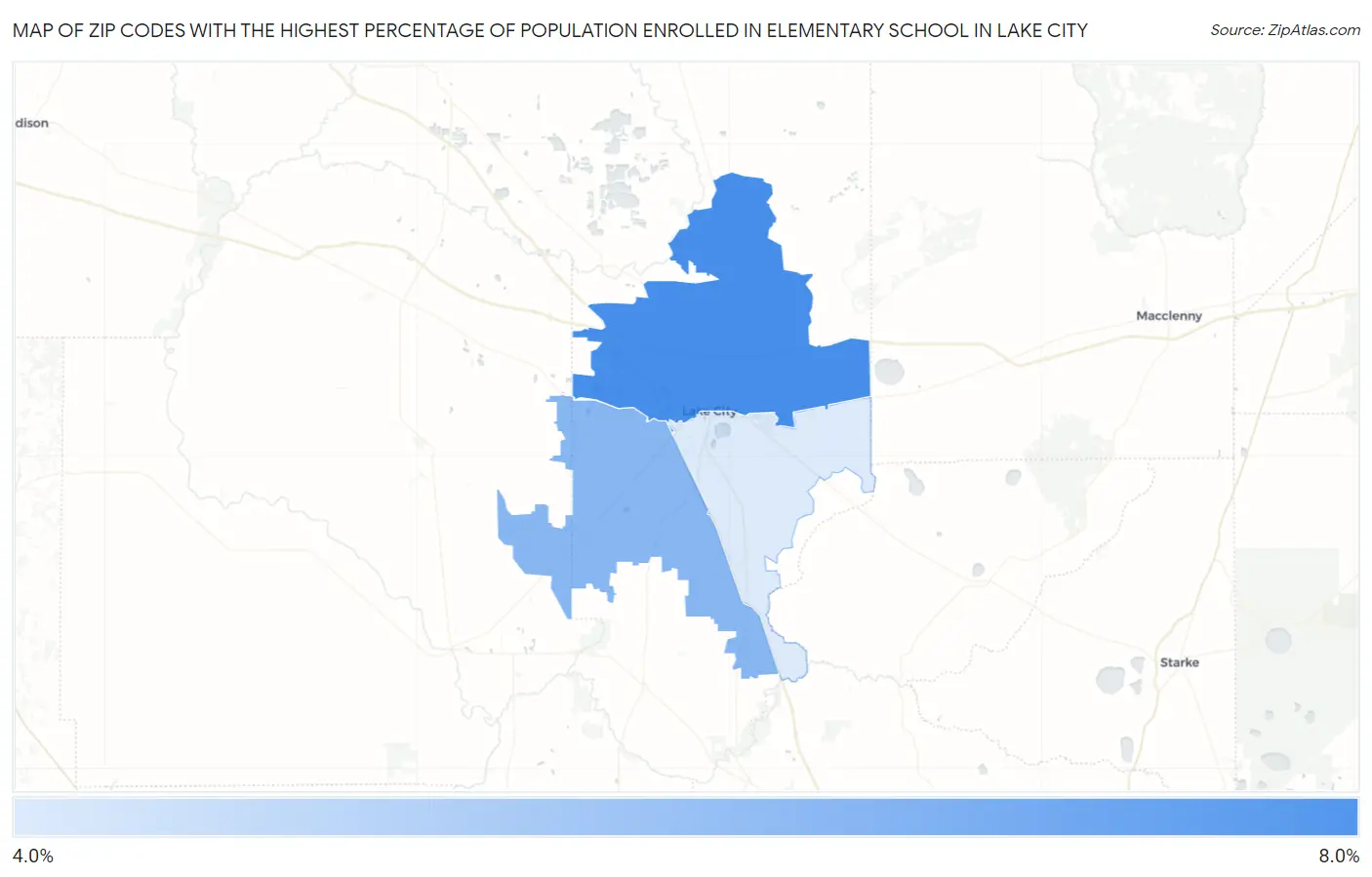 Zip Codes with the Highest Percentage of Population Enrolled in Elementary School in Lake City Map