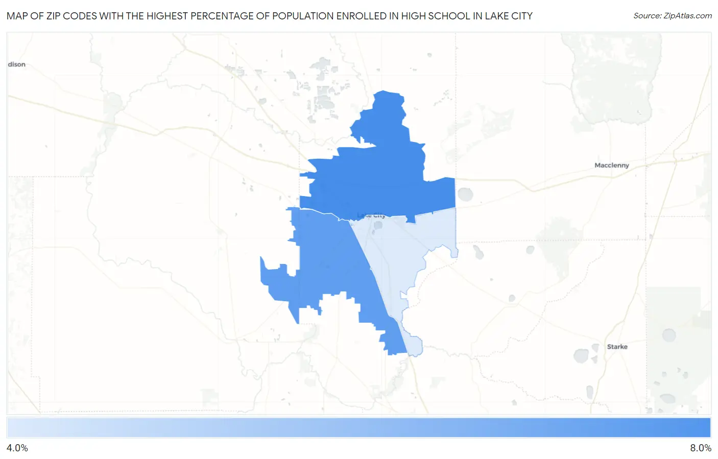 Zip Codes with the Highest Percentage of Population Enrolled in High School in Lake City Map
