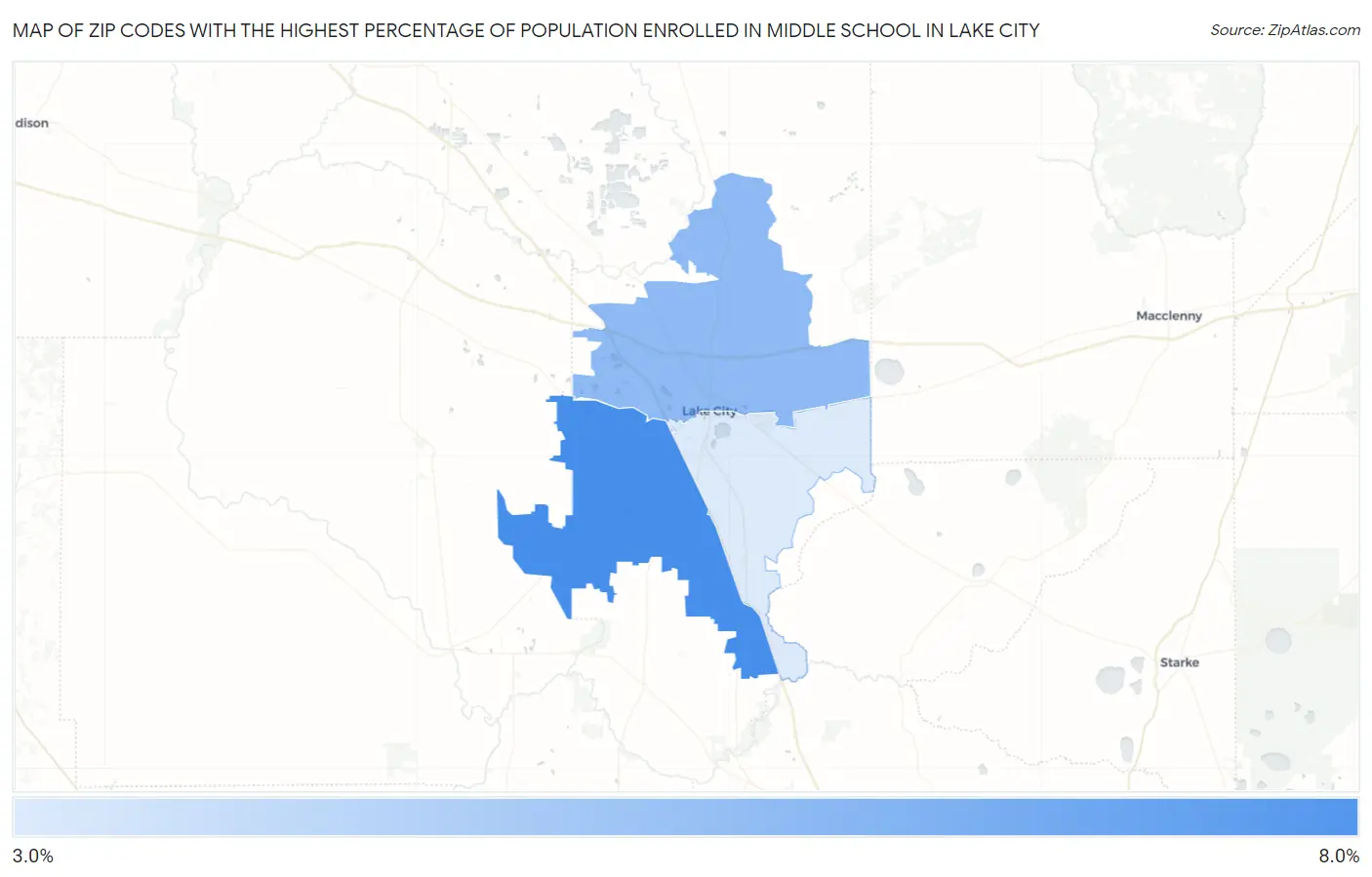 Zip Codes with the Highest Percentage of Population Enrolled in Middle School in Lake City Map