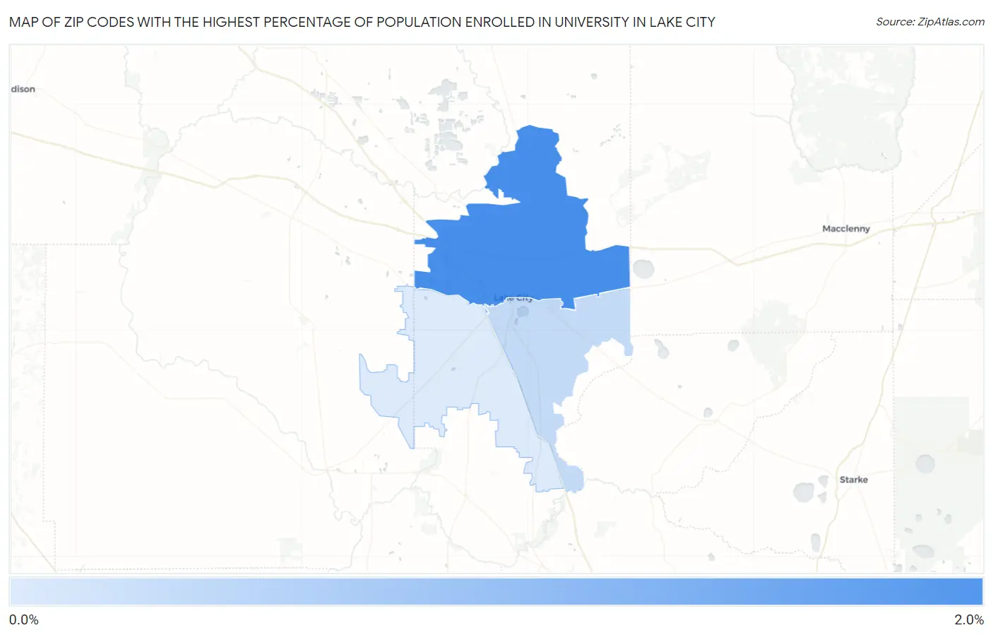 Zip Codes with the Highest Percentage of Population Enrolled in University in Lake City Map