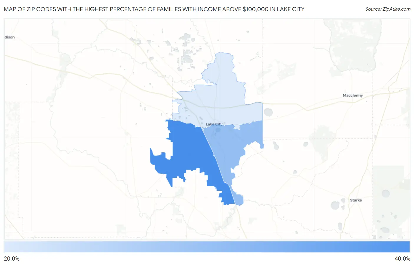 Zip Codes with the Highest Percentage of Families with Income Above $100,000 in Lake City Map
