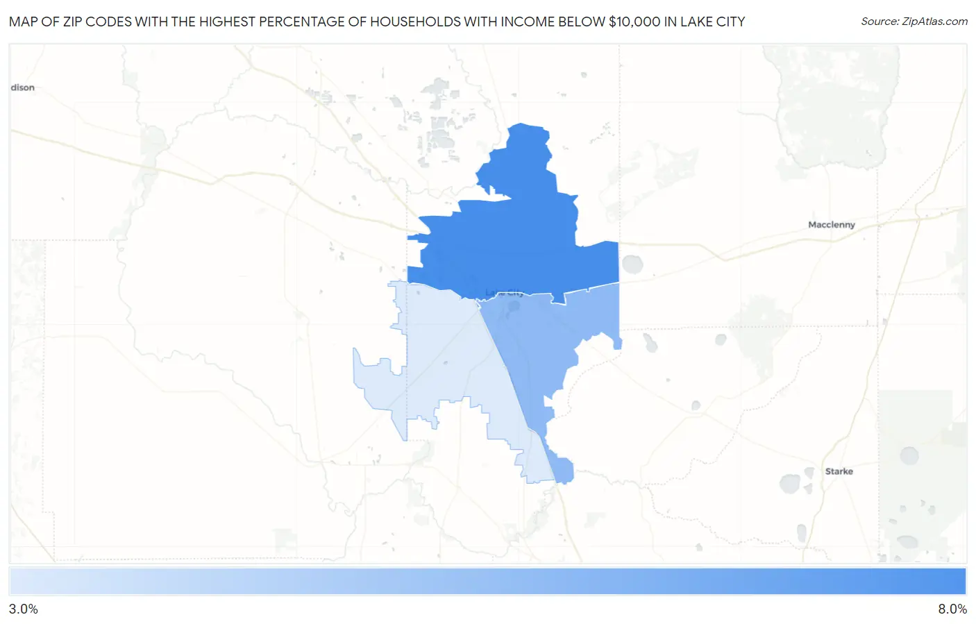 Zip Codes with the Highest Percentage of Households with Income Below $10,000 in Lake City Map