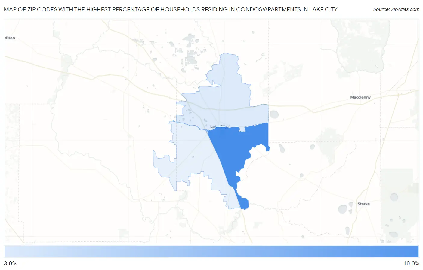 Zip Codes with the Highest Percentage of Households Residing in Condos/Apartments in Lake City Map