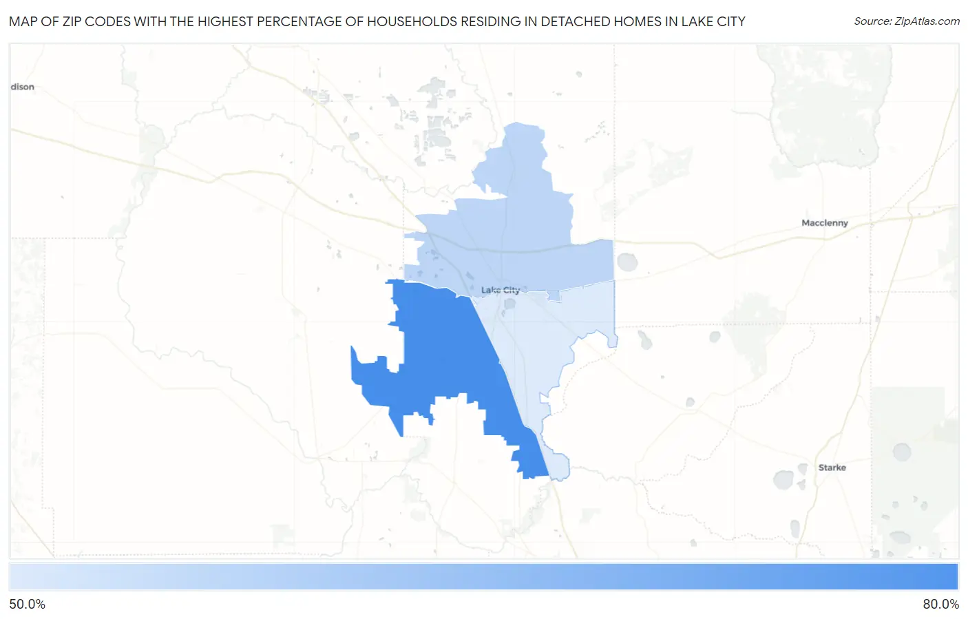Zip Codes with the Highest Percentage of Households Residing in Detached Homes in Lake City Map