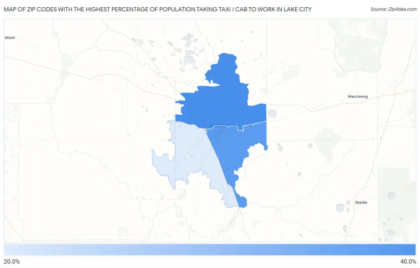 Zip Codes with the Highest Percentage of Population Taking Taxi / Cab to Work in Lake City Map