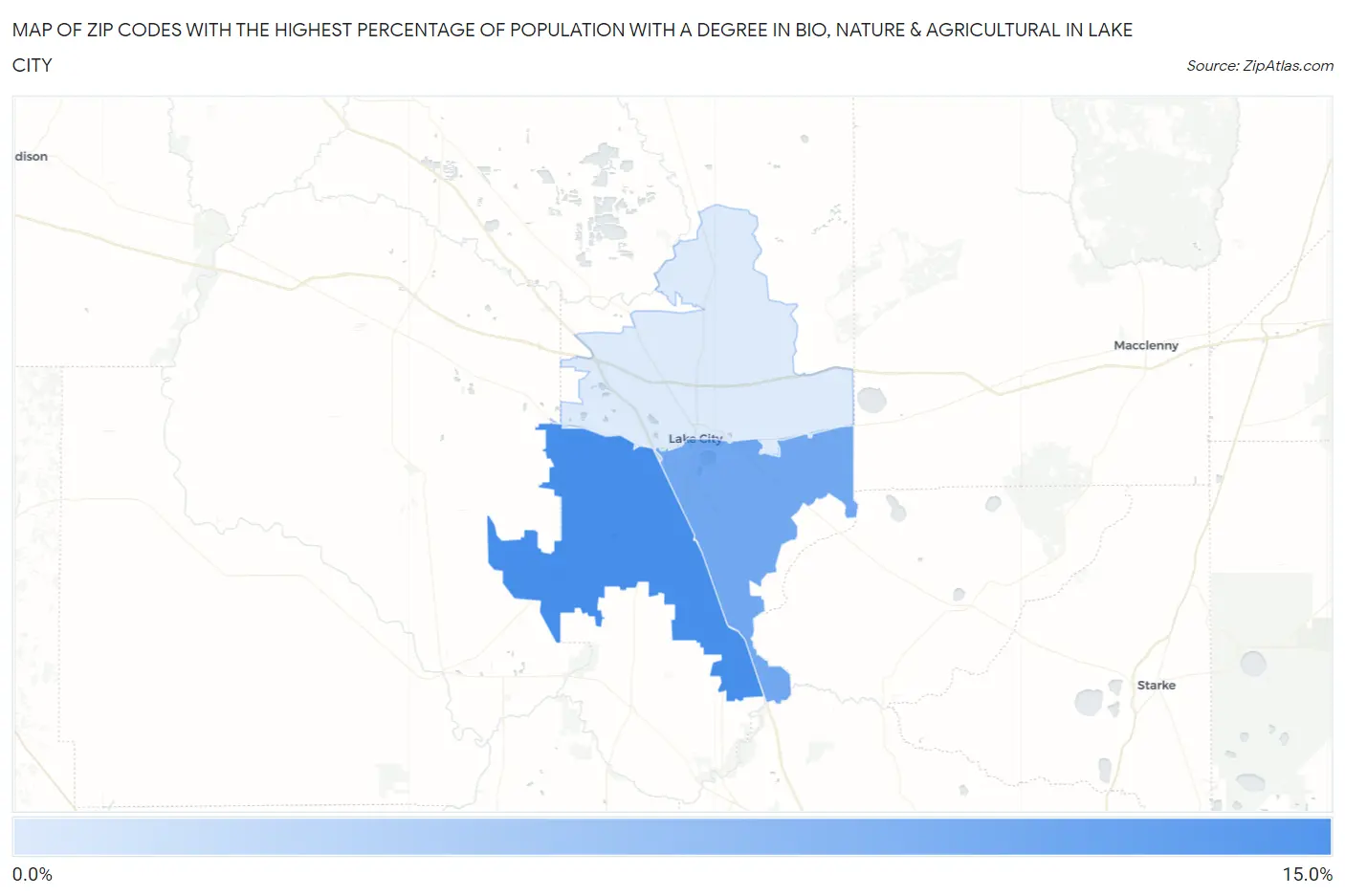 Zip Codes with the Highest Percentage of Population with a Degree in Bio, Nature & Agricultural in Lake City Map