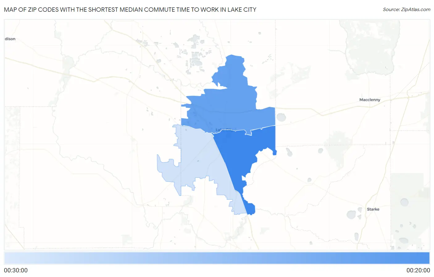 Zip Codes with the Shortest Median Commute Time to Work in Lake City Map