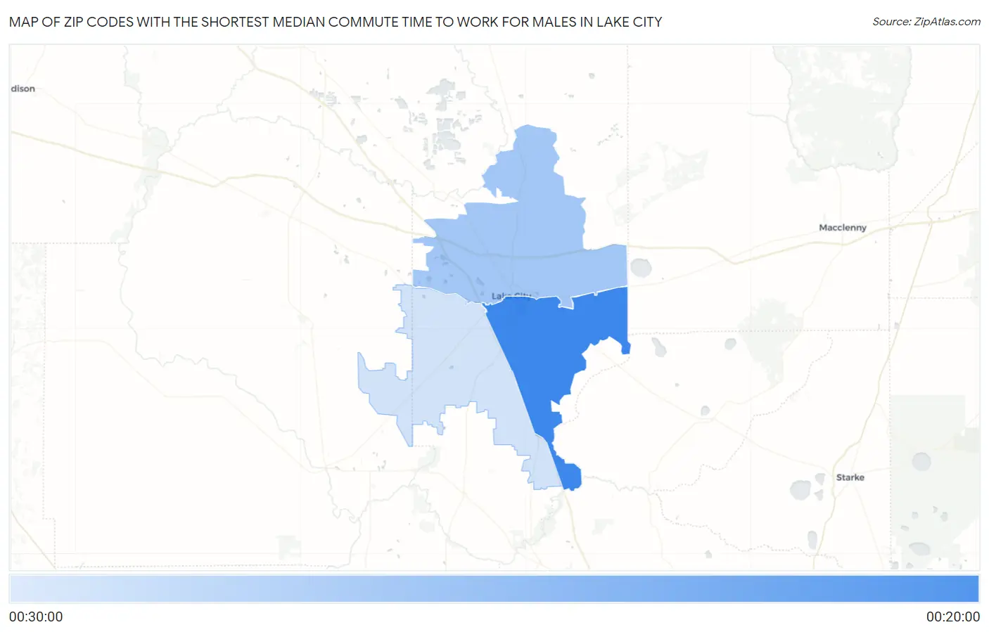 Zip Codes with the Shortest Median Commute Time to Work for Males in Lake City Map