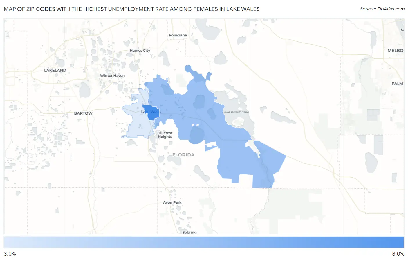 Zip Codes with the Highest Unemployment Rate Among Females in Lake Wales Map