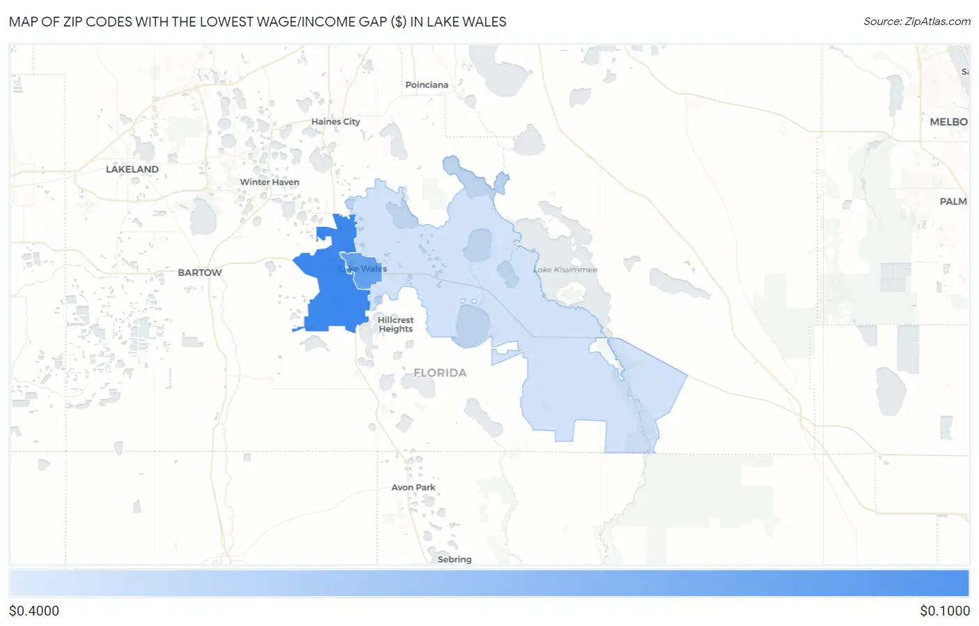 Zip Codes with the Lowest Wage/Income Gap ($) in Lake Wales Map