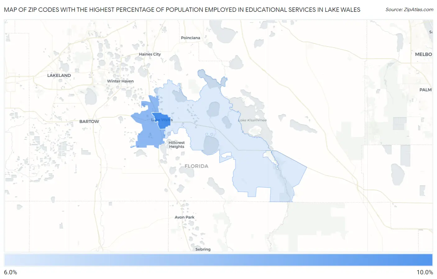 Zip Codes with the Highest Percentage of Population Employed in Educational Services in Lake Wales Map