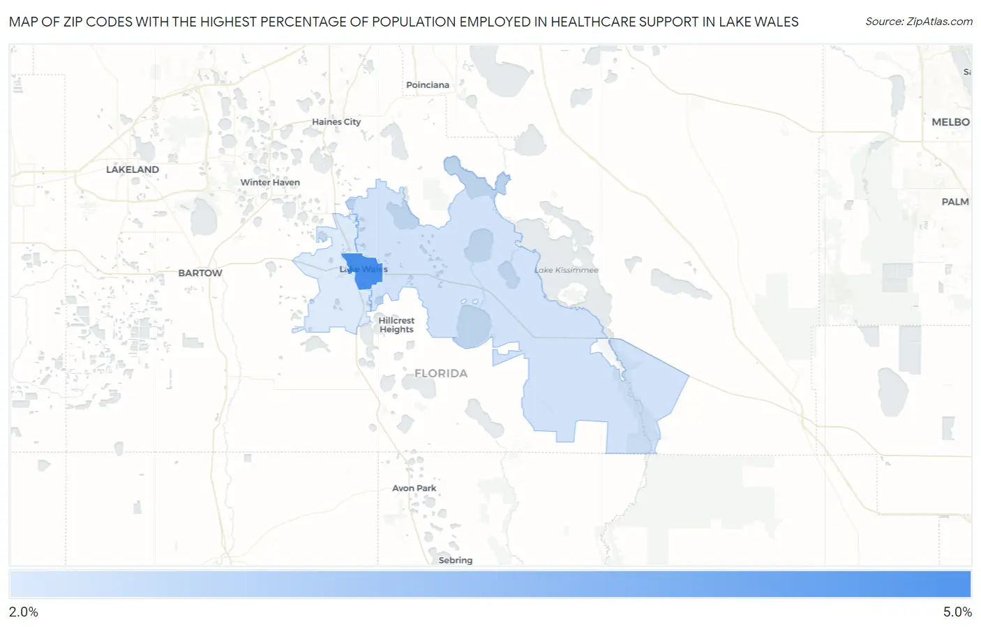 Zip Codes with the Highest Percentage of Population Employed in Healthcare Support in Lake Wales Map