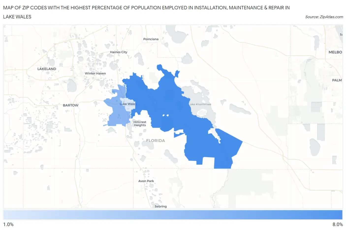 Zip Codes with the Highest Percentage of Population Employed in Installation, Maintenance & Repair in Lake Wales Map