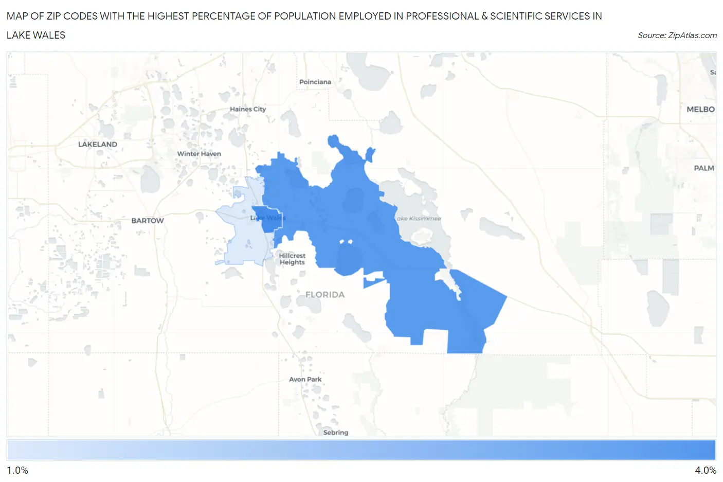 Zip Codes with the Highest Percentage of Population Employed in Professional & Scientific Services in Lake Wales Map