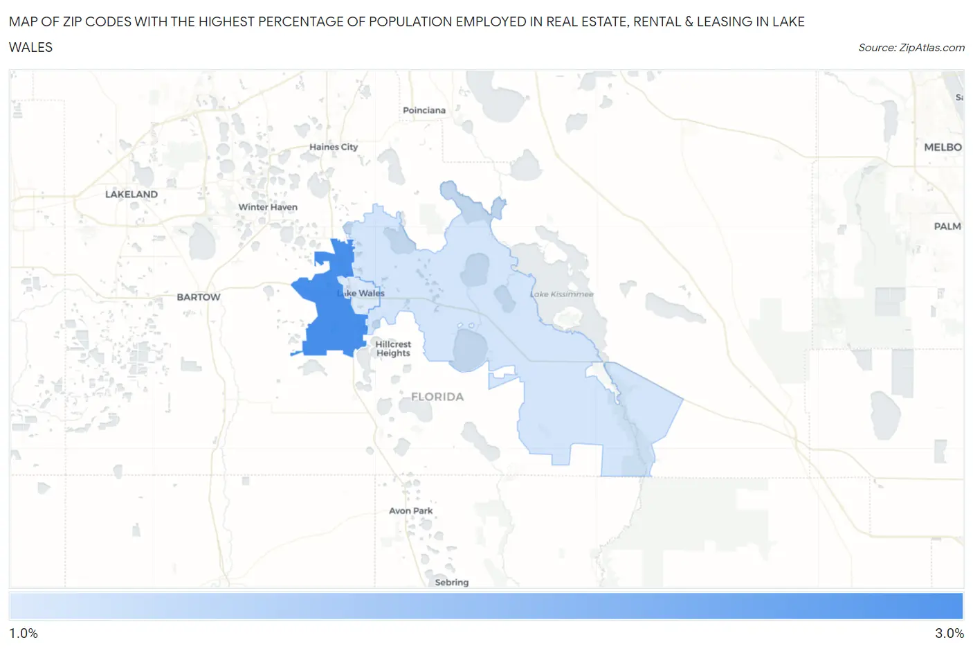 Zip Codes with the Highest Percentage of Population Employed in Real Estate, Rental & Leasing in Lake Wales Map