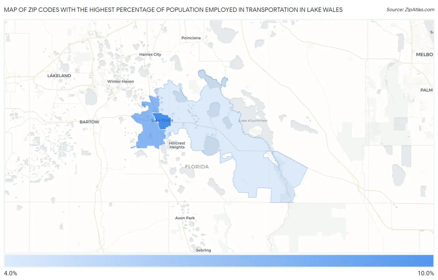 Zip Codes with the Highest Percentage of Population Employed in Transportation in Lake Wales Map