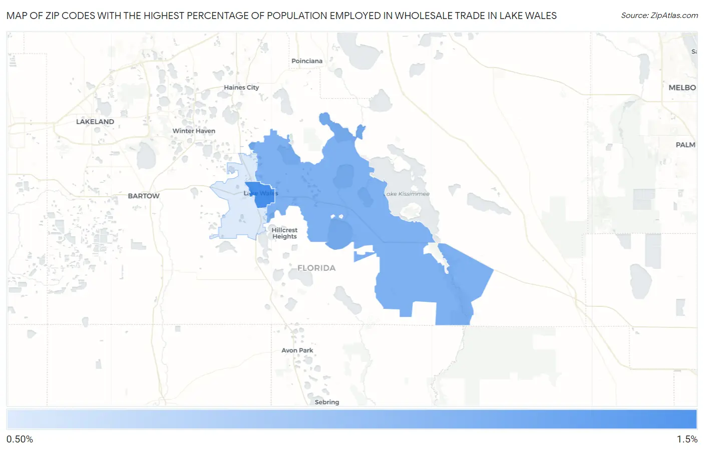 Zip Codes with the Highest Percentage of Population Employed in Wholesale Trade in Lake Wales Map