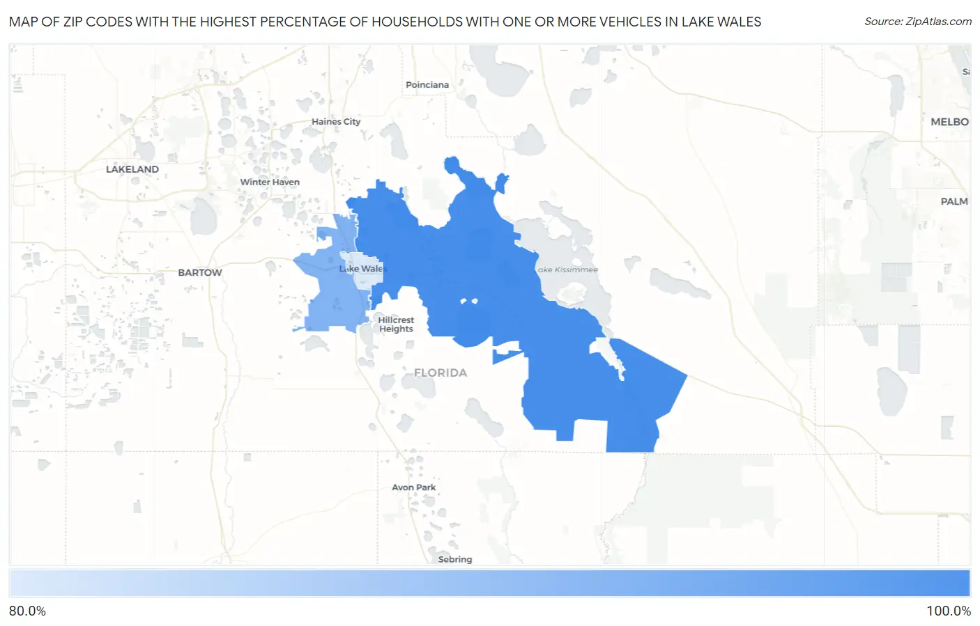 Zip Codes with the Highest Percentage of Households With One or more Vehicles in Lake Wales Map