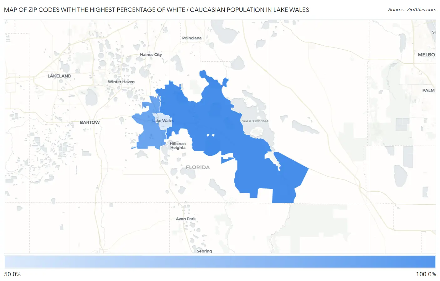 Zip Codes with the Highest Percentage of White / Caucasian Population in Lake Wales Map