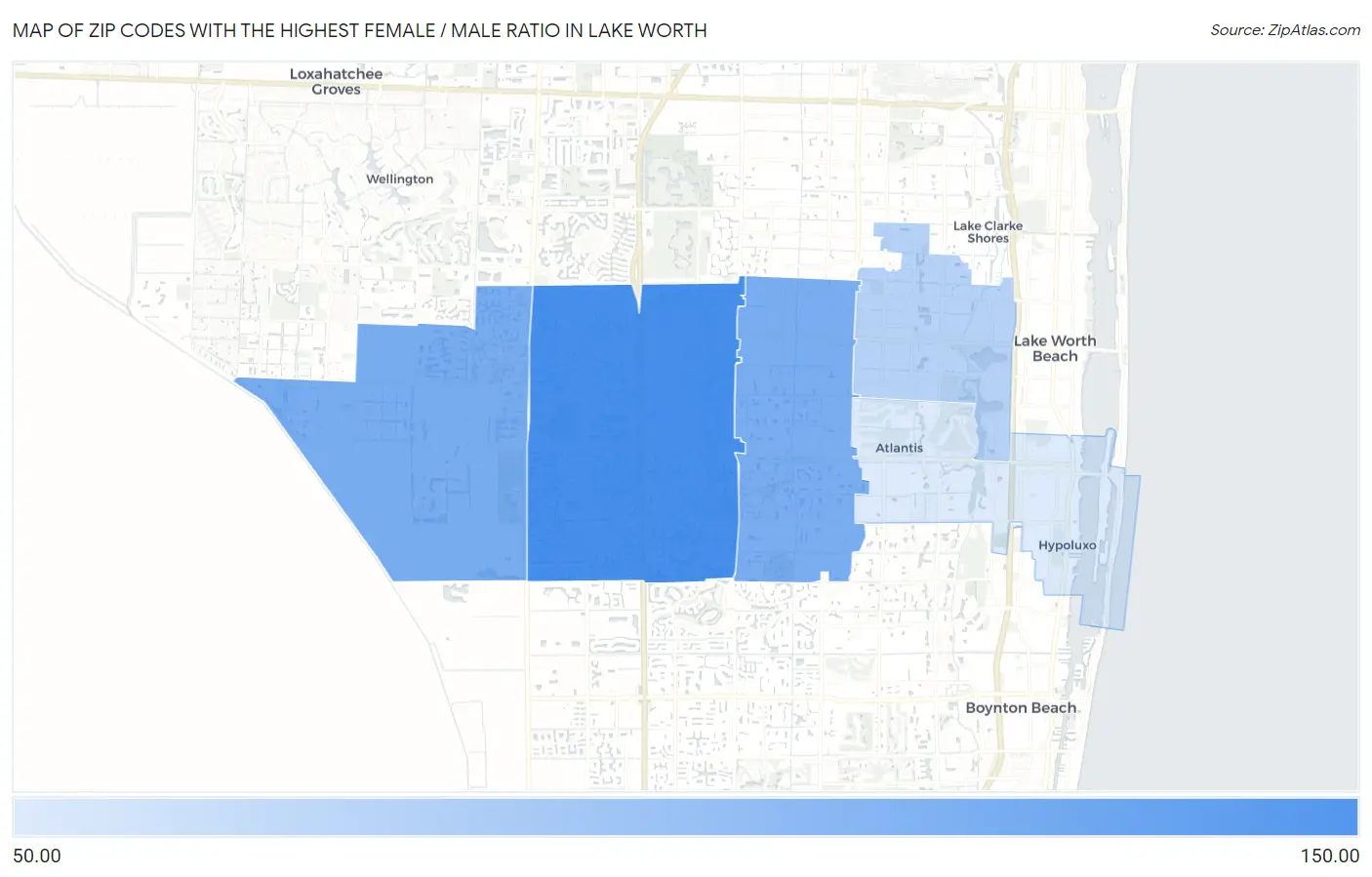 Zip Codes with the Highest Female / Male Ratio in Lake Worth Map