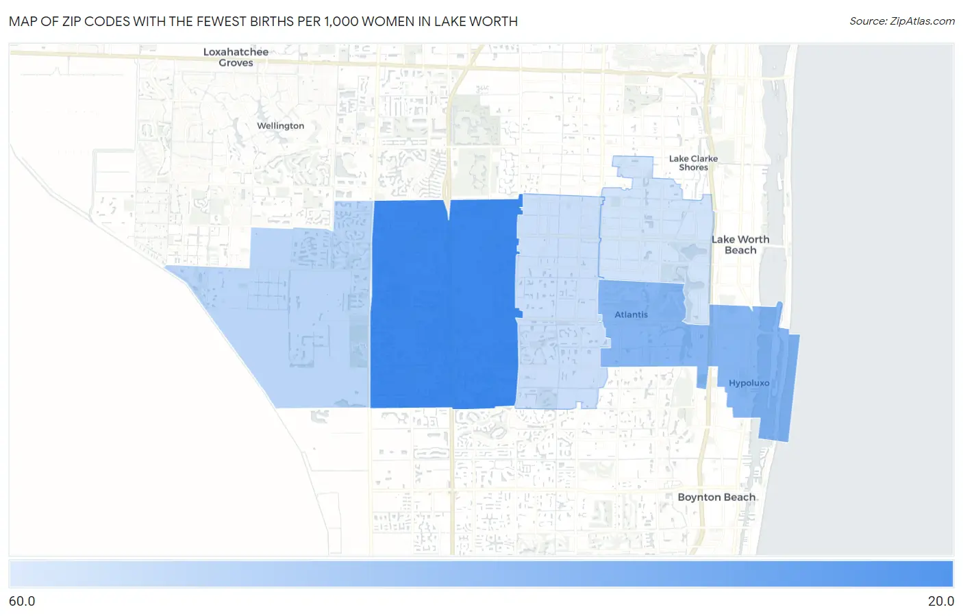 Zip Codes with the Fewest Births per 1,000 Women in Lake Worth Map