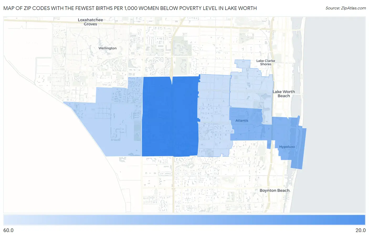 Zip Codes with the Fewest Births per 1,000 Women Below Poverty Level in Lake Worth Map